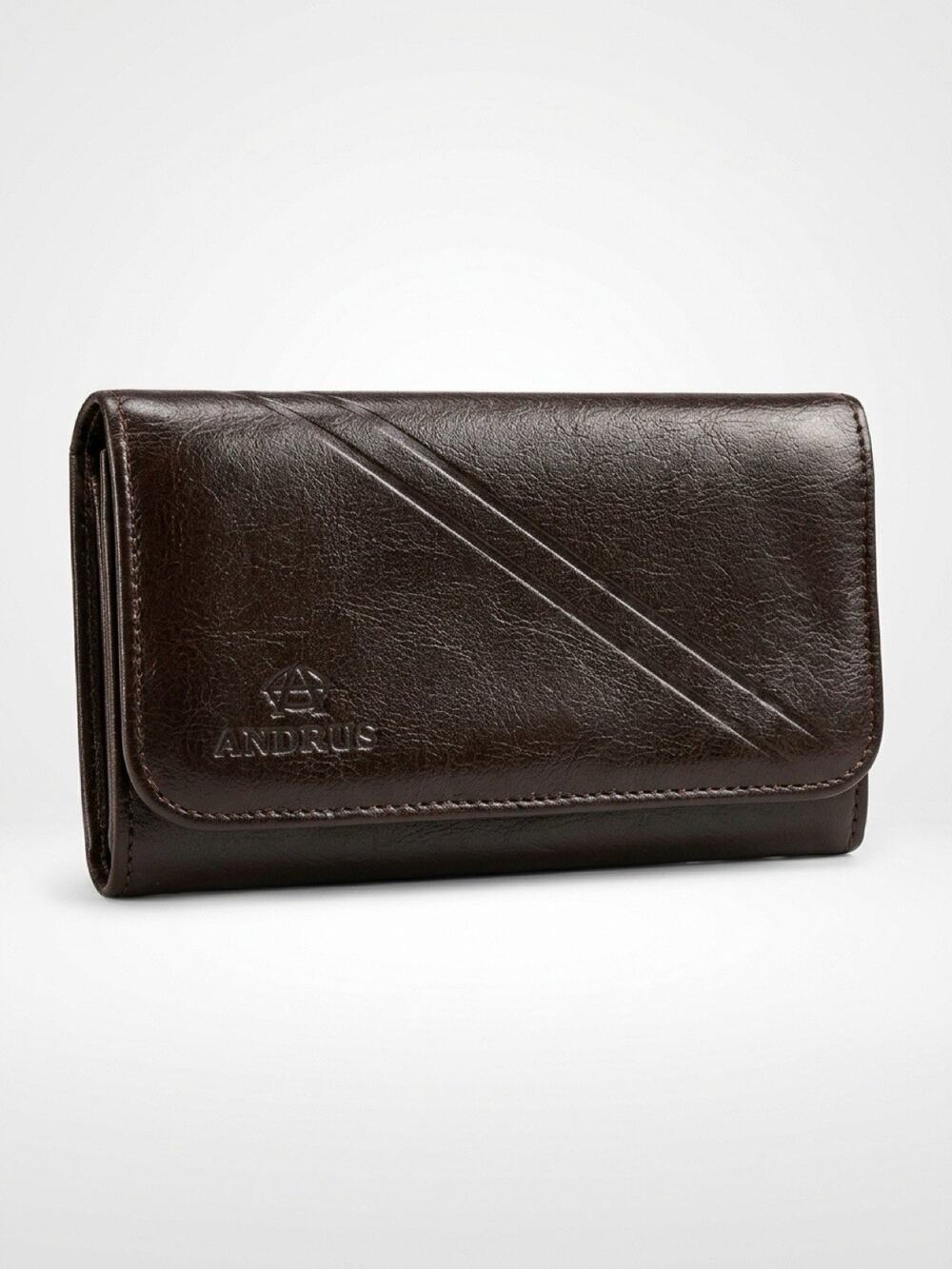 ANDRUS Logo Genuine Leather Organizer Wallet Clutch Kiss Lock Coin Purse Vintage